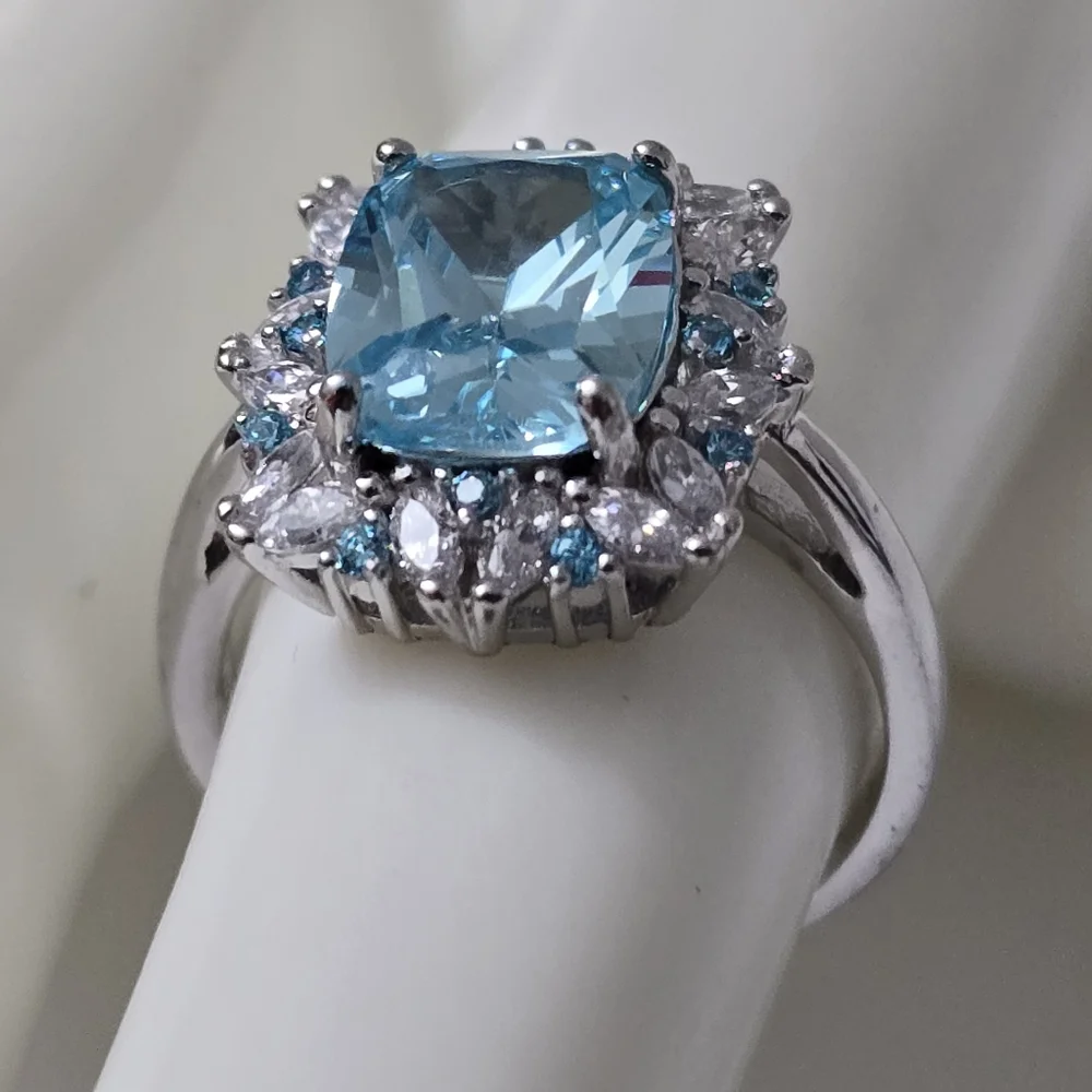 Sterling Silver 925 Blue Topaz Silver Halo Ring